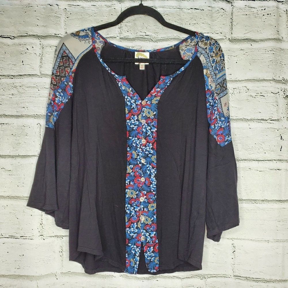 Fig And Flower Floral Blouse Shirt Womens Small Black Flutter Sleeve Casual Wear